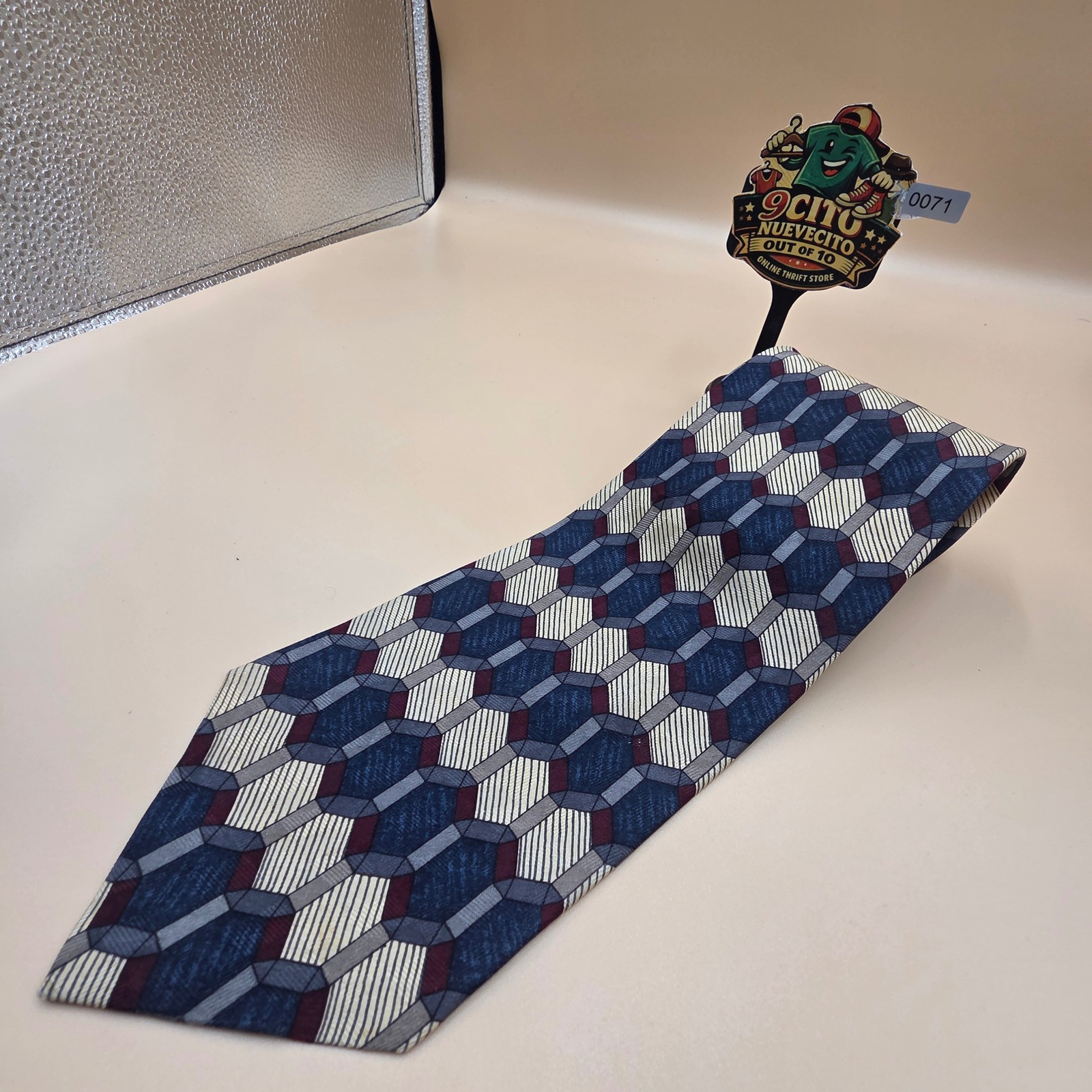 Xmi 325 Series Silk Tie Mens Geometric Honeycomb Navy Blue Burgundy Hand Made